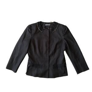 T Tahari Black and Gray Button Front Embellished Fitted Blazer Jacket Women's 8